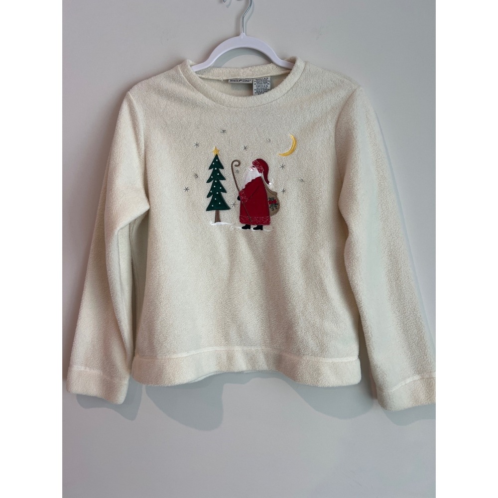 White Stag Women's Small Cream Santa Christmas Tree Fleece Pullover Sweater - Picture 2 of 5